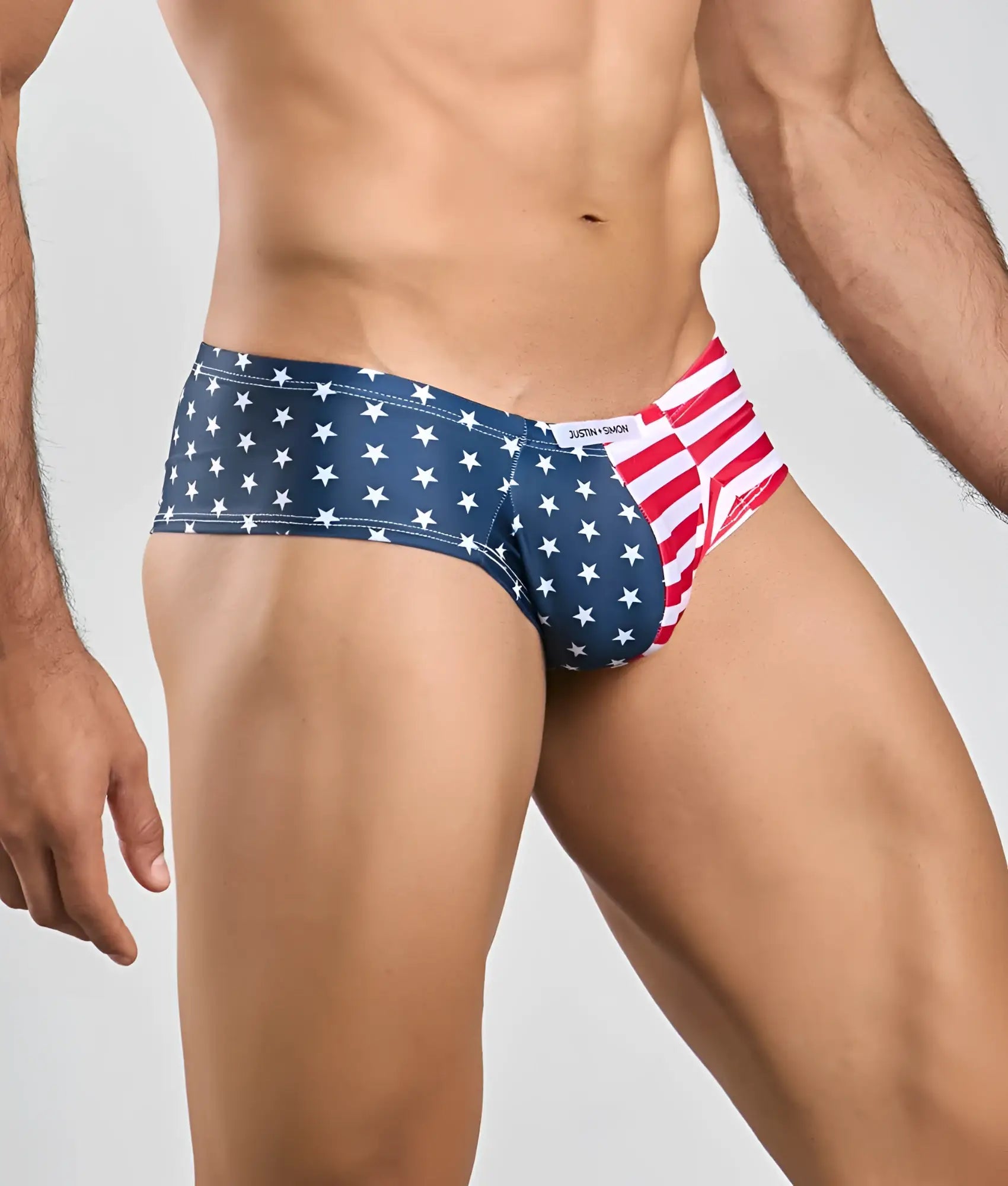 Blue and red american flag patterned briefs with white stars from the justin + simon cheek collection