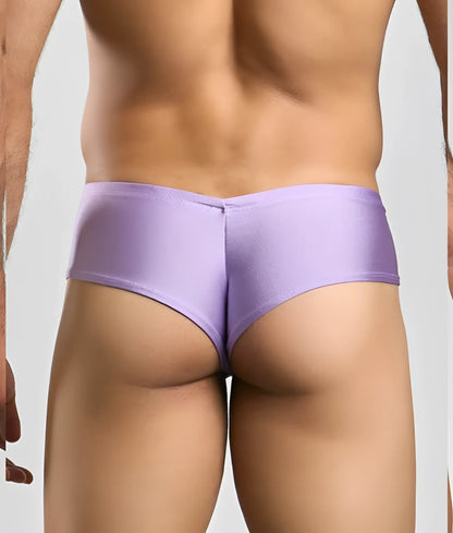 Purple satin briefs justin + simon cheek with a smooth shiny finish and snug fit for comfortable wear