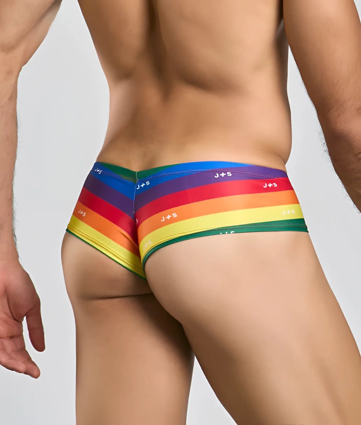 Justin + simon cheek rainbow-striped briefs with j+s branding made from soft comfortable fabric