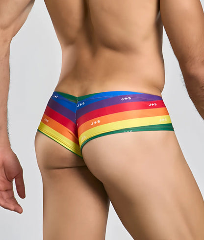 Justin + simon cheek rainbow-striped briefs with j+s branding made from soft comfortable fabric