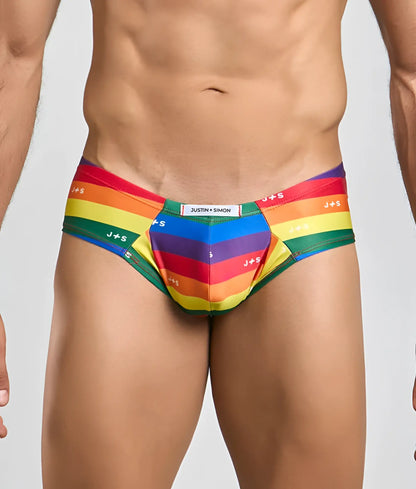 Rainbow-striped men’s briefs with j+s branding and central pocket made from stretchy fabric by justin + simon cheek