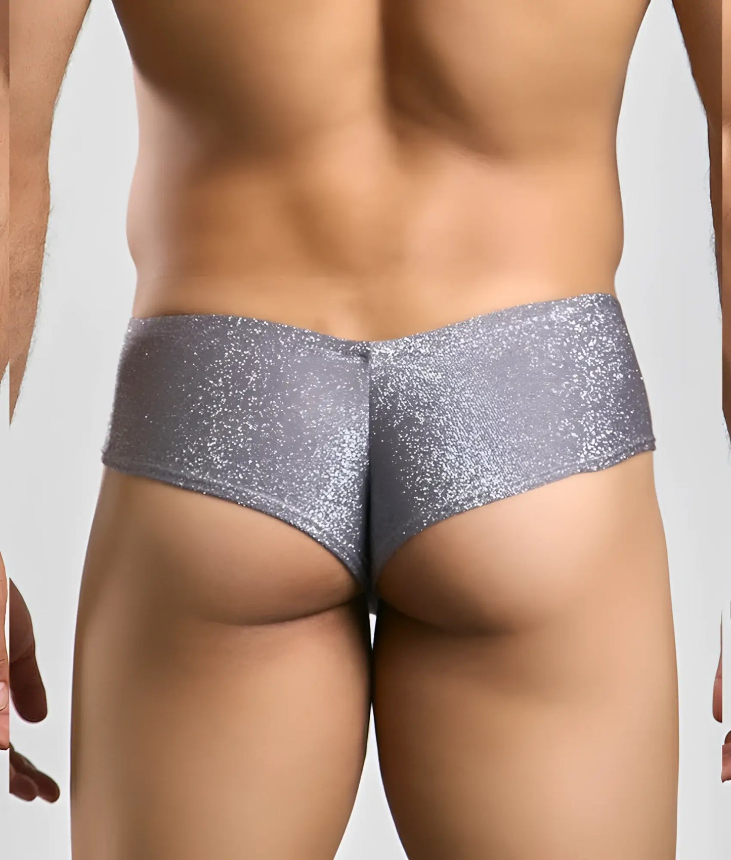 Shiny silver glitter briefs with snug form fitting design from justin and simon cheek collection