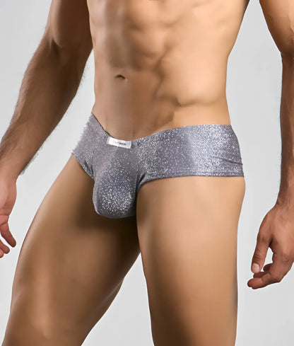 Shiny silver glitter-textured men’s briefs justin + simon cheek with a snug, form-fitting design