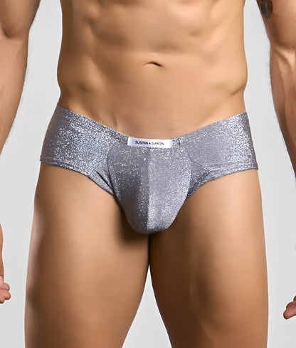 Silver glitter briefs with sleek form-fitting design and branded waistband from justin + simon cheek collection