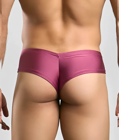 A sleek magenta satin low-rise brief with a smooth shiny finish from the Justin + Simon cheek collection