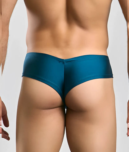 Teal satin briefs with a smooth glossy finish and low-rise cut from Justin Simon cheek collection