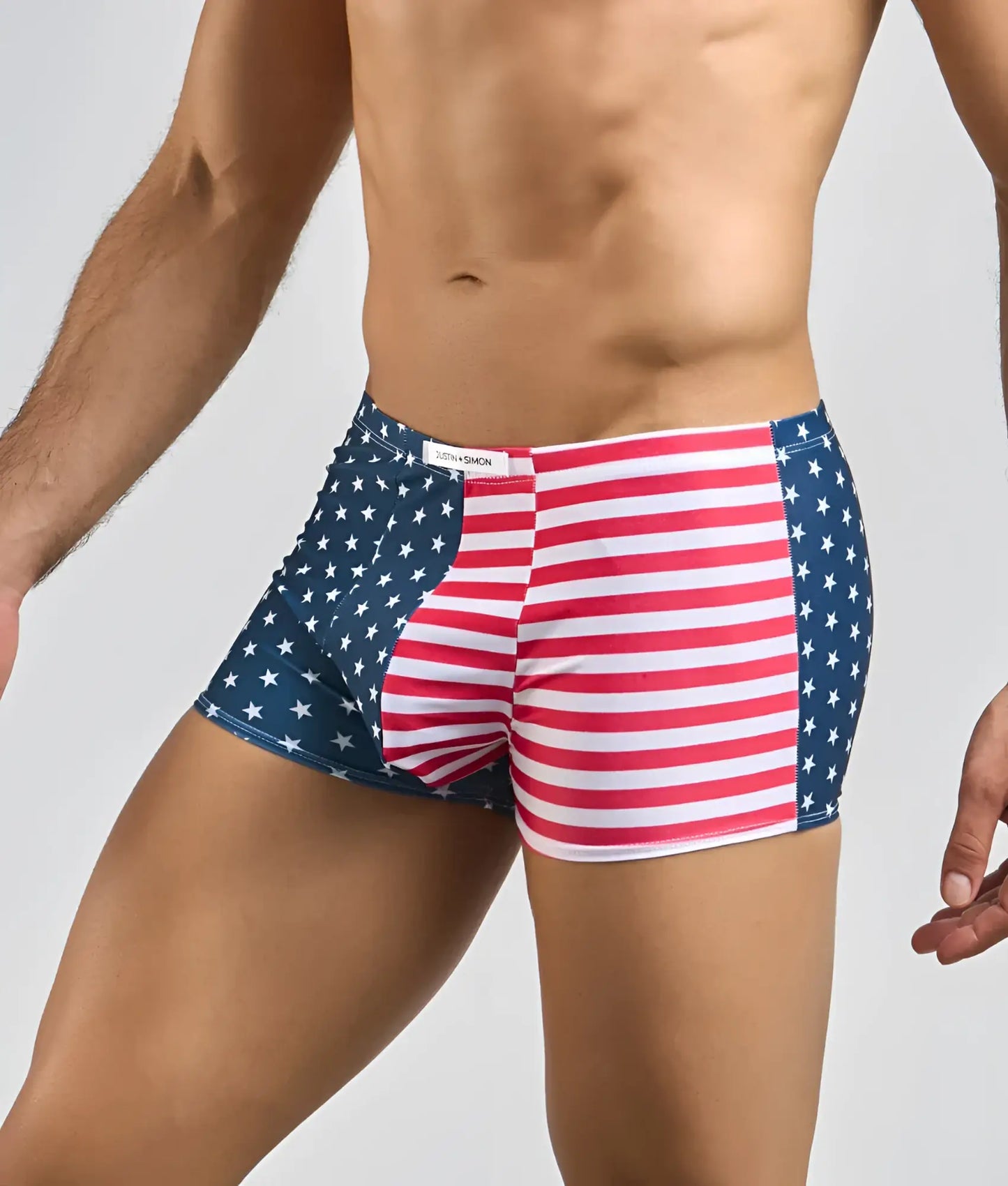 Justin plus Simon classic boxer briefs featuring American flag design with red white stripes and blue white stars
