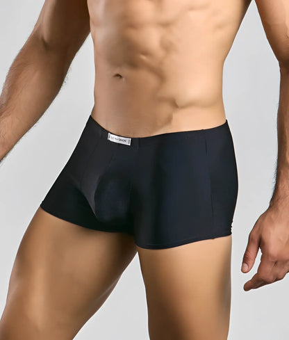 Justin + Simon classic boxer black men’s briefs with smooth form-fitting design and subtle waistband brand tag