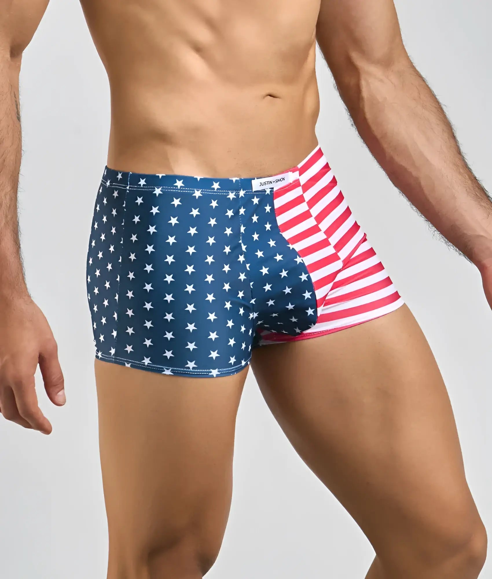 Justin simon classic boxer blue and red american flag themed boxer briefs with white stars and red stripes