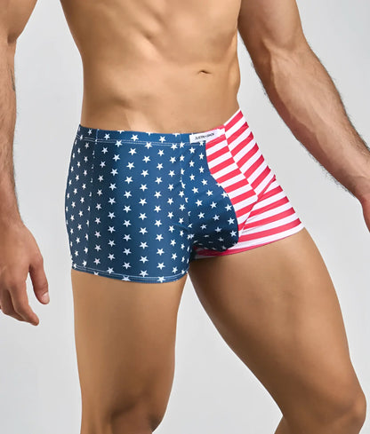 Justin simon classic boxer blue and red american flag themed boxer briefs with white stars and red stripes