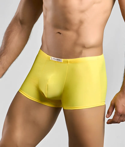 Bright yellow justin + simon classic boxer men’s briefs with smooth stretchy fabric and branded waistband tag