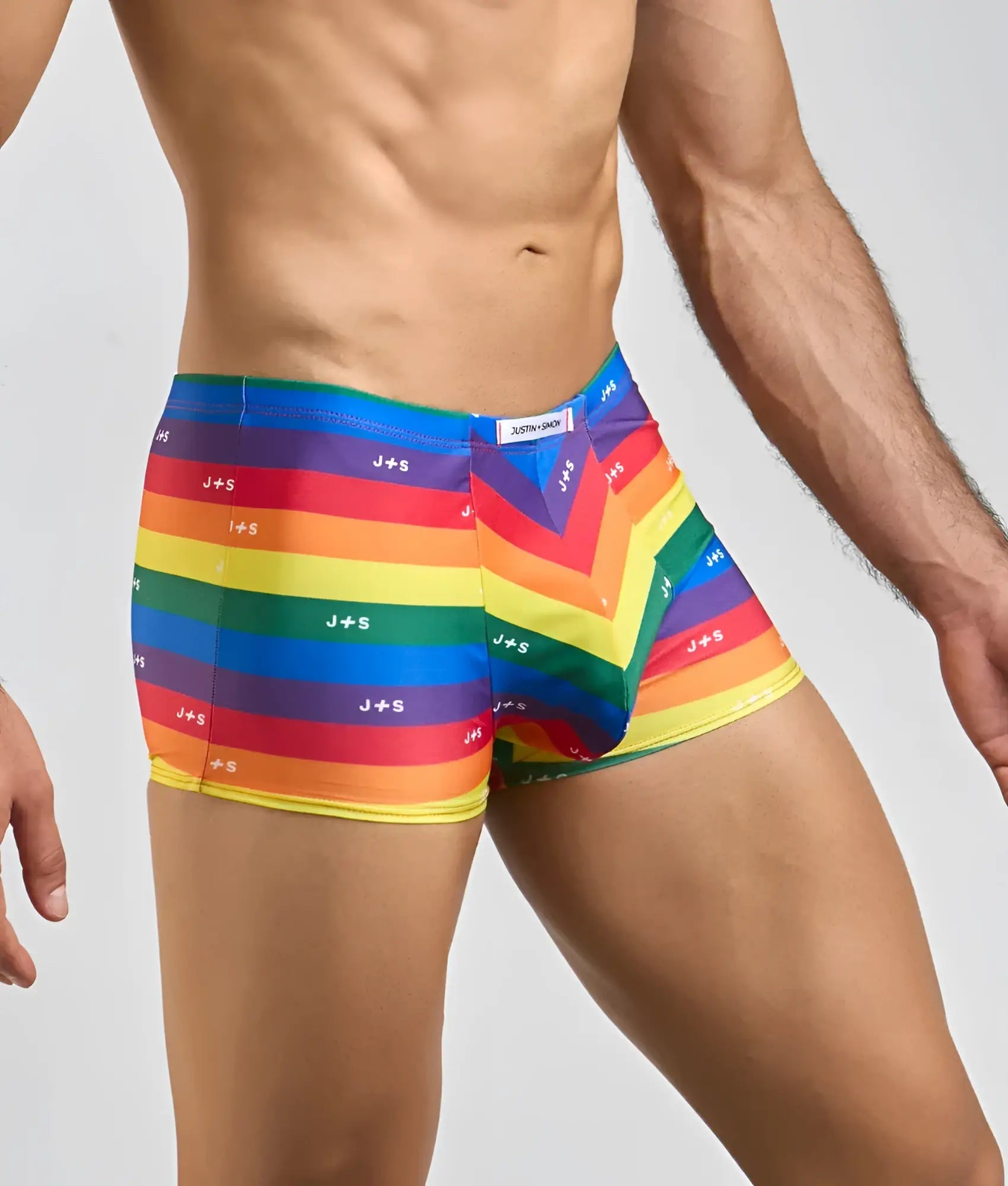 Justin plus simon classic boxer rainbow striped mens boxer briefs with j plus s logo printed across fabric