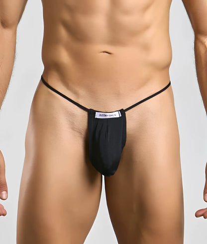 Black justin simon classic g-string bulge with thin elastic straps and gathered fabric pouch front view