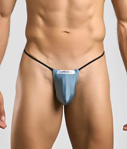 Blue Justin + Simon classic G-string bulge thong with black elastic straps showing the back side of the product