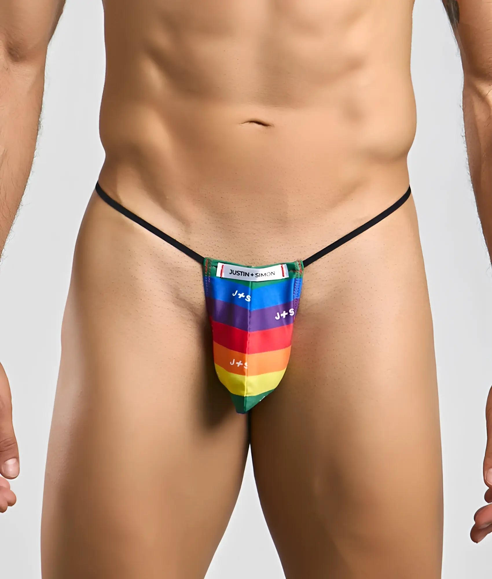 Justin + Simon classic g-string bulge with rainbow-striped thong and black elastic waistband featuring j+ s branding