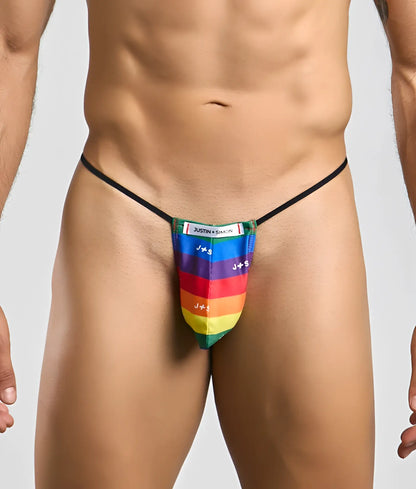 Justin + Simon classic g-string bulge with rainbow-striped thong and black elastic waistband featuring j+ s branding