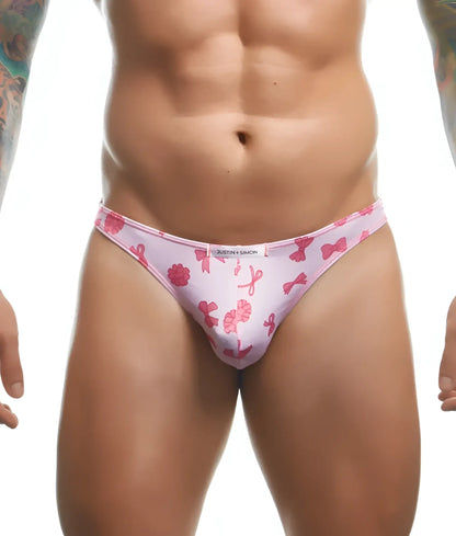 Pink patterned classic tanga thong with bow and ribbon designs and white justin simon waistband by justin simon