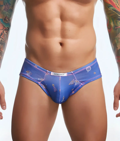 Blue justin and simon men’s briefs with playful scientific icons and stars pattern in pink white and yellow