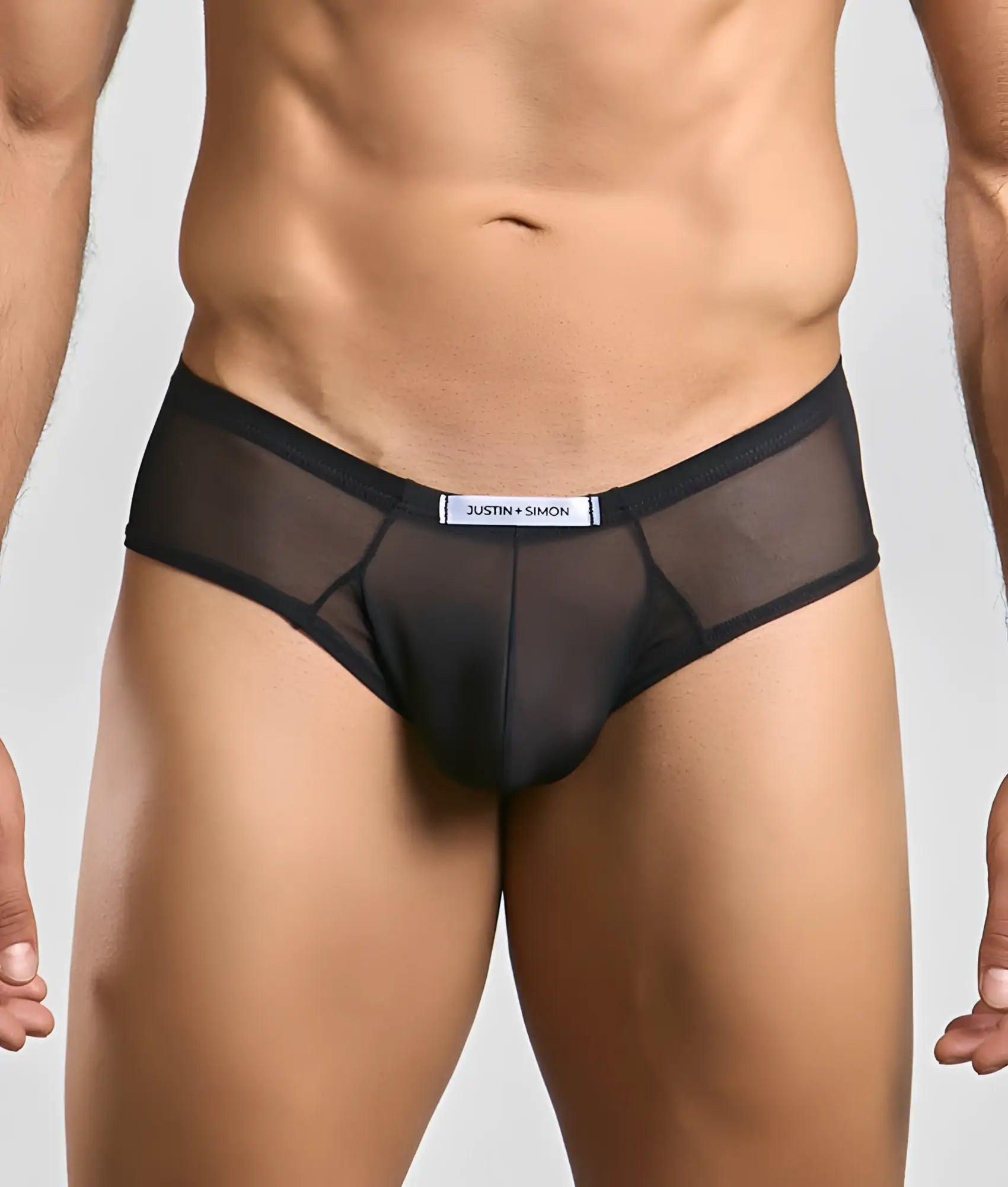 Black sheer mesh briefs with solid waistband and white justin + simon label from the Justin + Simon Cheek Mesh collection