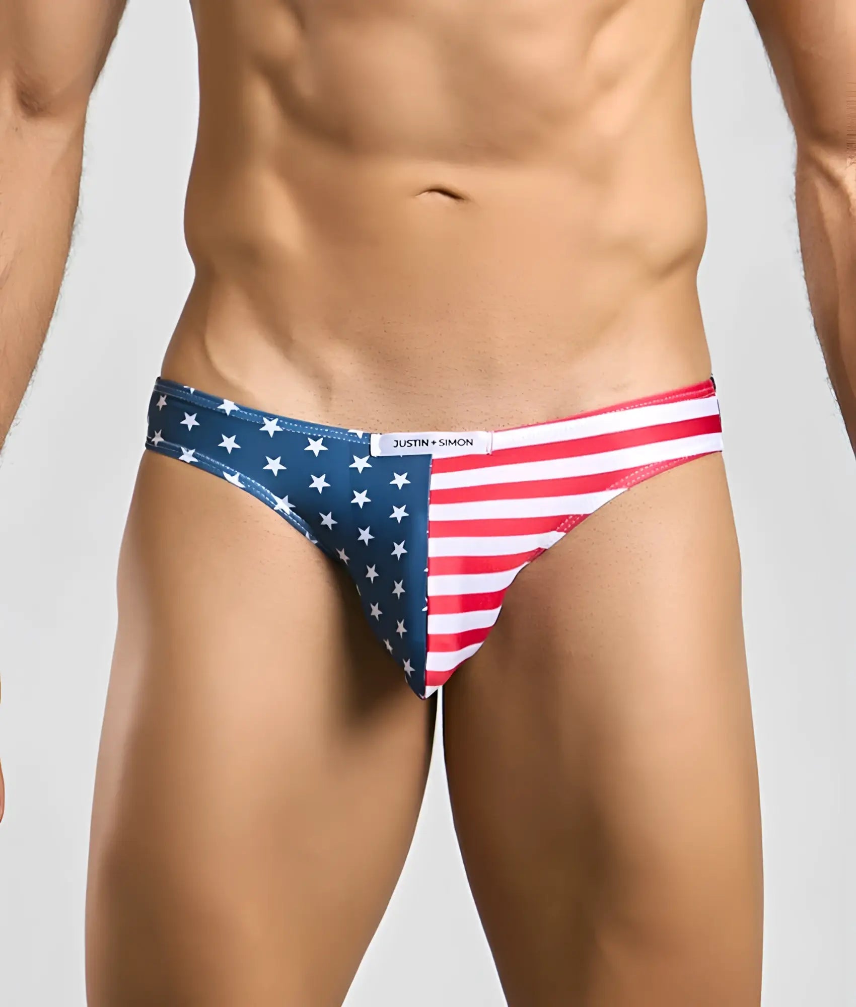 American flag-themed men’s briefs by justin simon in classic bikini style with patriotic colors and comfortable fabric