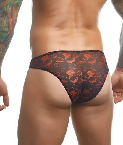 Black mesh mens bikini briefs with bold orange lipstick print from Justin Simon classic fun prints collection