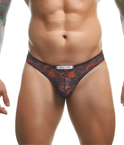 Black and red patterned men’s briefs by Justin Simon from the Classic Mens Bikini Fun Prints collection.