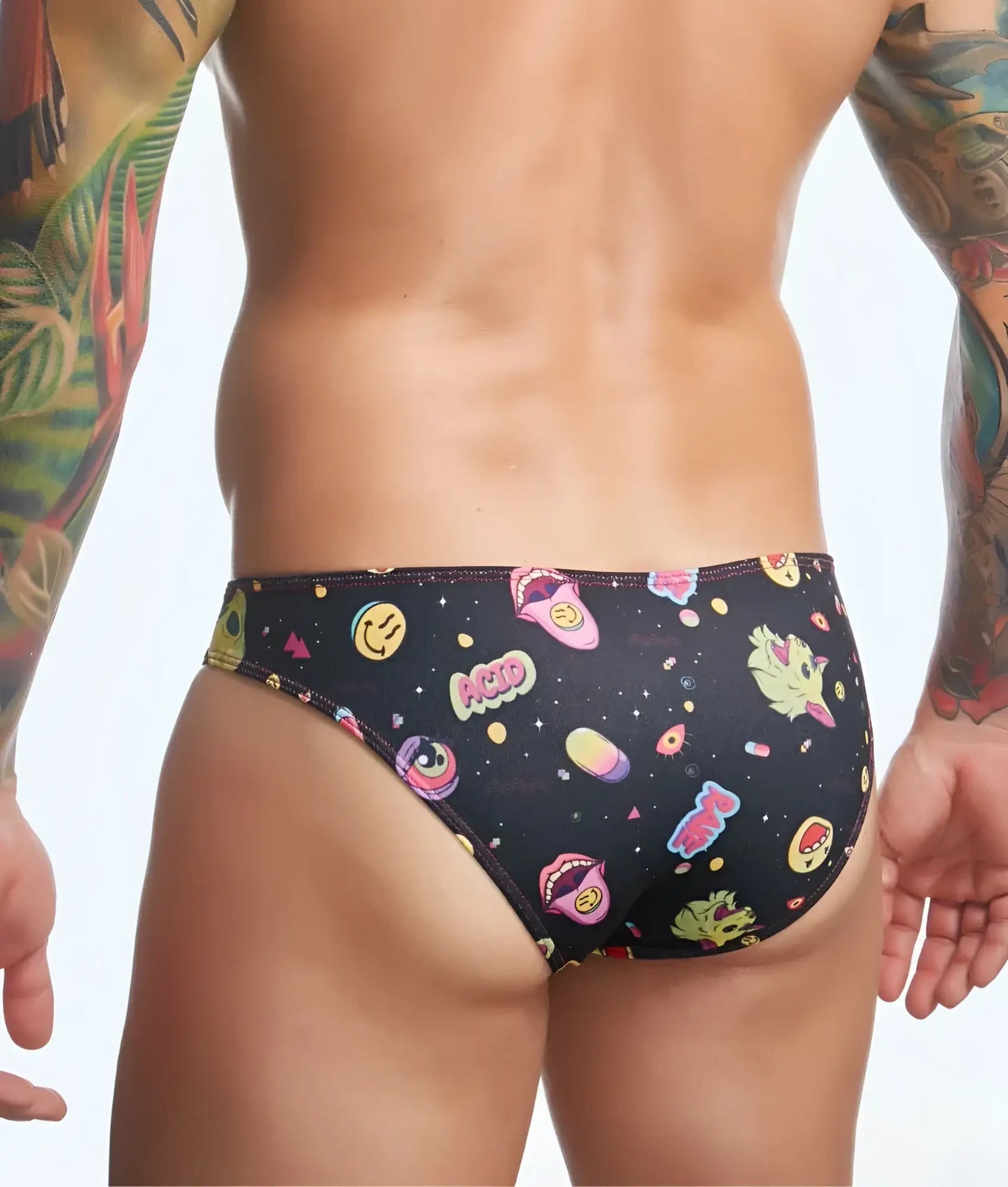 Black swim trunks from Justin plus Simon classic mens bikini with vibrant smiling faces and colorful space-themed prints