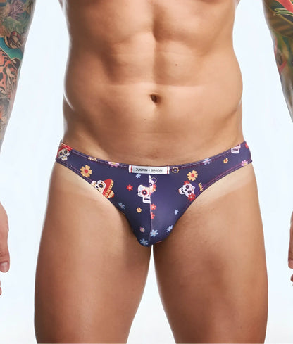 Dark blue mens briefs with vibrant sugar skull and floral pattern and justin simon waistband in classic fun prints