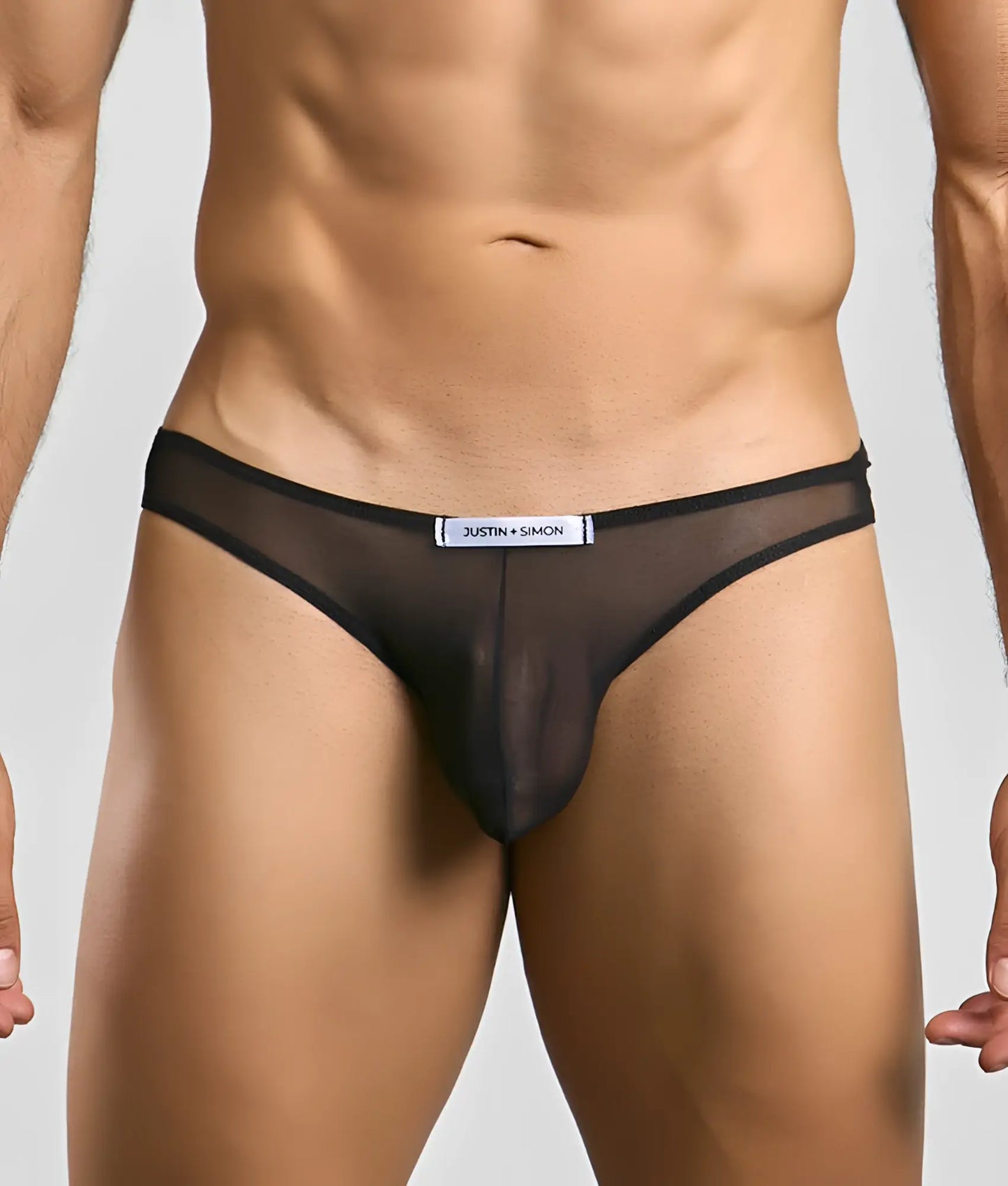 Black sheer mesh briefs with solid black waistband and white justin plus simon label classic mens bikini mesh