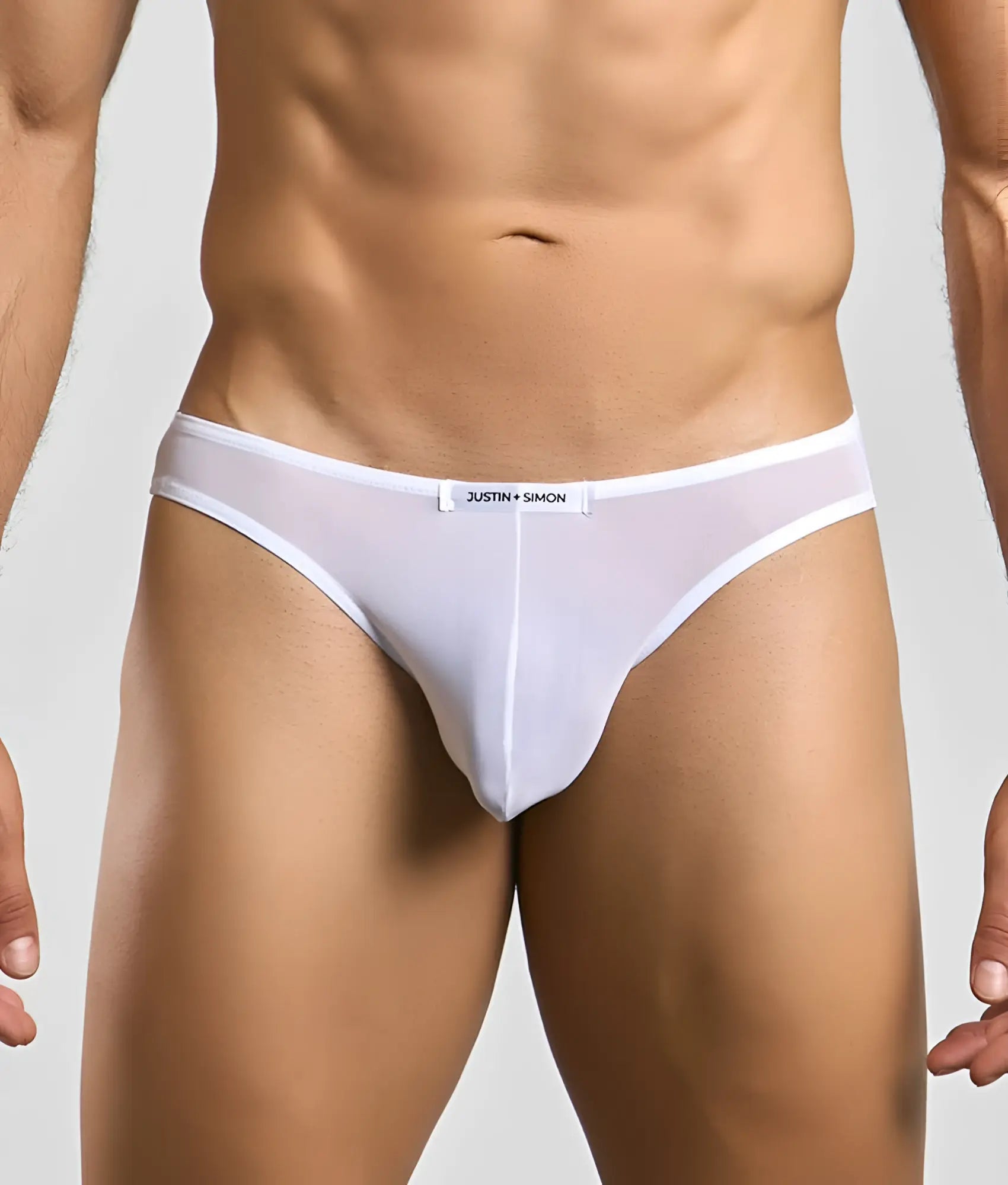 White sheer mesh briefs with white waistband and justin plus simon label from classic mens bikini mesh collection