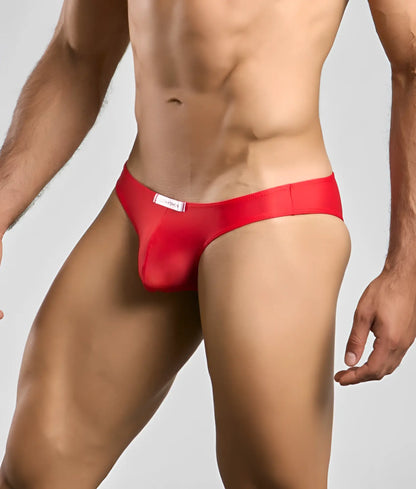Justin plus simon classic mens bikini red form-fitting briefs made of smooth satin-like fabric with white waistband label