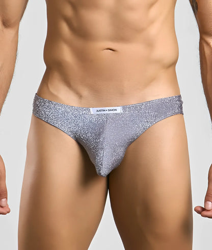 Silver glittery briefs with white justin + simon label on waistband classic mens bikini style