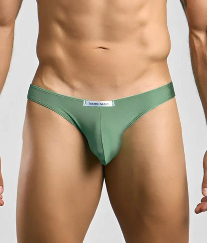 Justin + Simon classic mens bikini thong in olive green smooth fabric with subtle sheen and branded waistband label