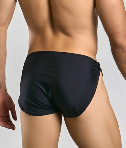 Black sleek swim trunks justin + simon running short with tailored fit and side-tie design for swimming