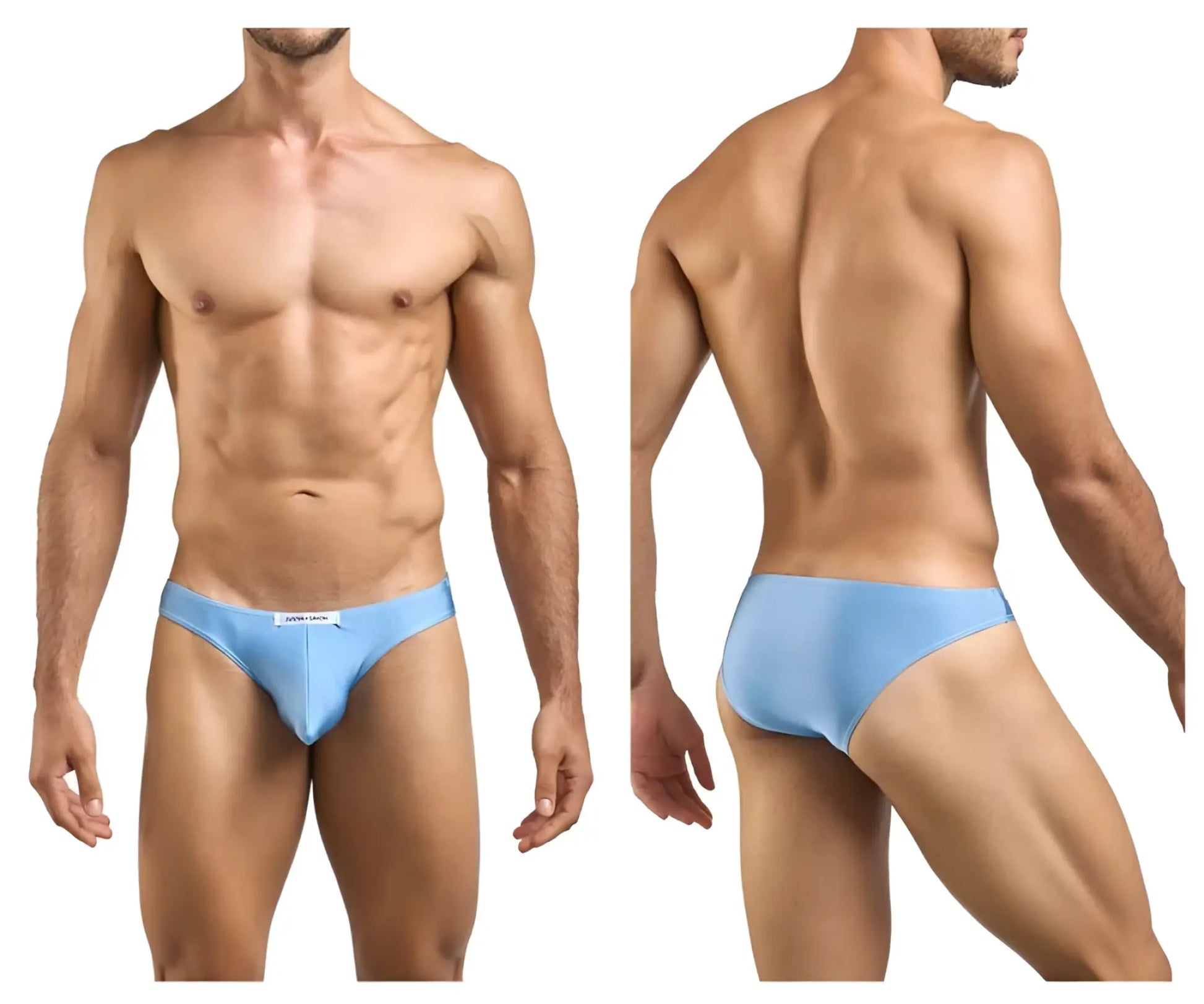 Light blue justin simon xsj01 classic bikini briefs with subtle brand tag on the waistband in baby blue color