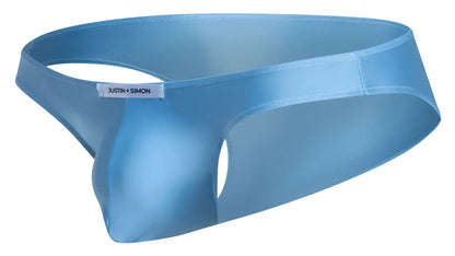 Light blue satin classic bikini briefs with a sleek form-fitting design and subtle justin simon brand tag