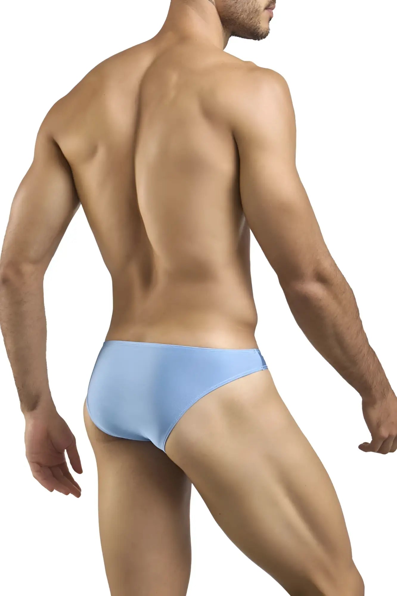 Light blue smooth-textured men’s briefs classic bikini style by Justin Simon in color baby blue