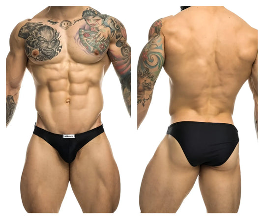 Black justin simon xsj01 classic bikini briefs with white brand tag on waistband designed for athletic use