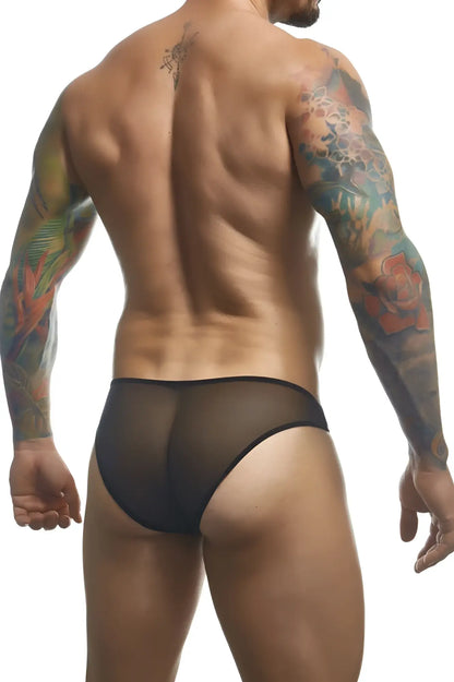 Black sheer mesh briefs justin simon xsj01 classic bikini in black mesh fabric shown from the back side