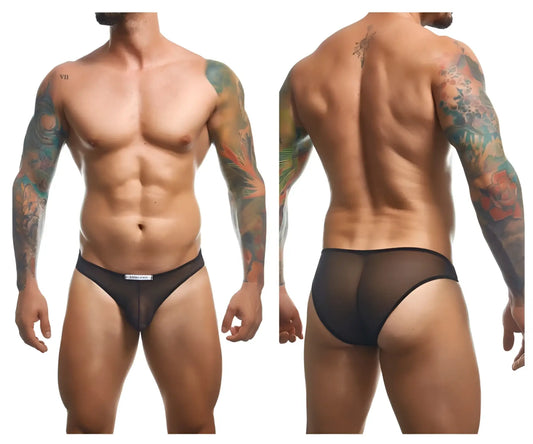 Black sheer mesh briefs with thin elastic waistband from justin simon xsj01 classic bikini in black mesh