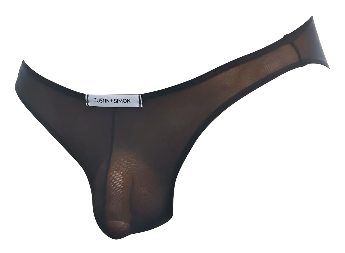 Black sheer mesh thong by justin + simon classic bikini style in black mesh fabric shown from the back side