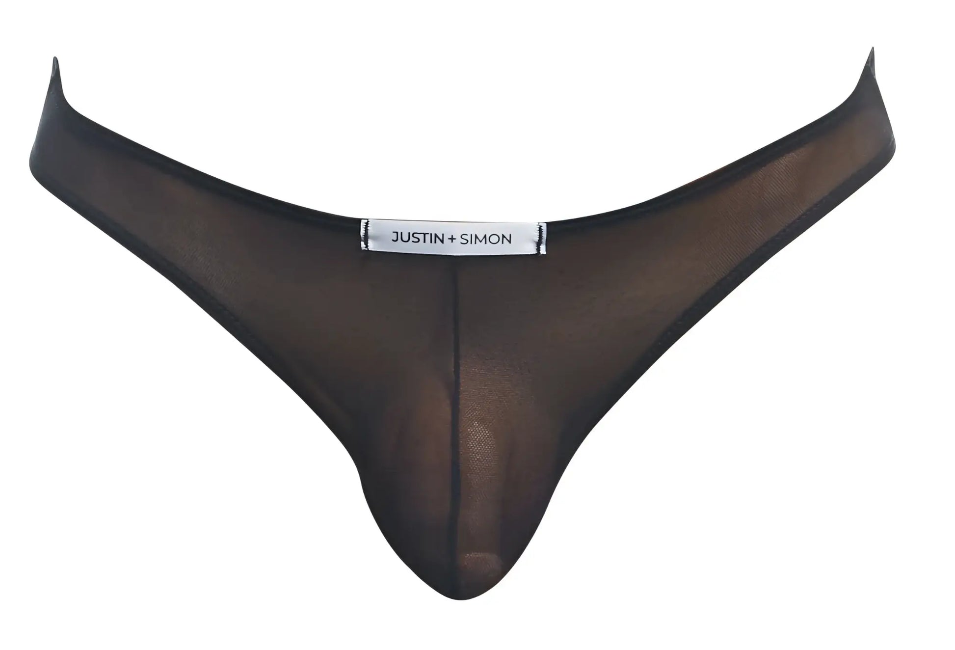 Black sheer mesh thong by justin + simon classic bikini style in black mesh fabric shown from the back side