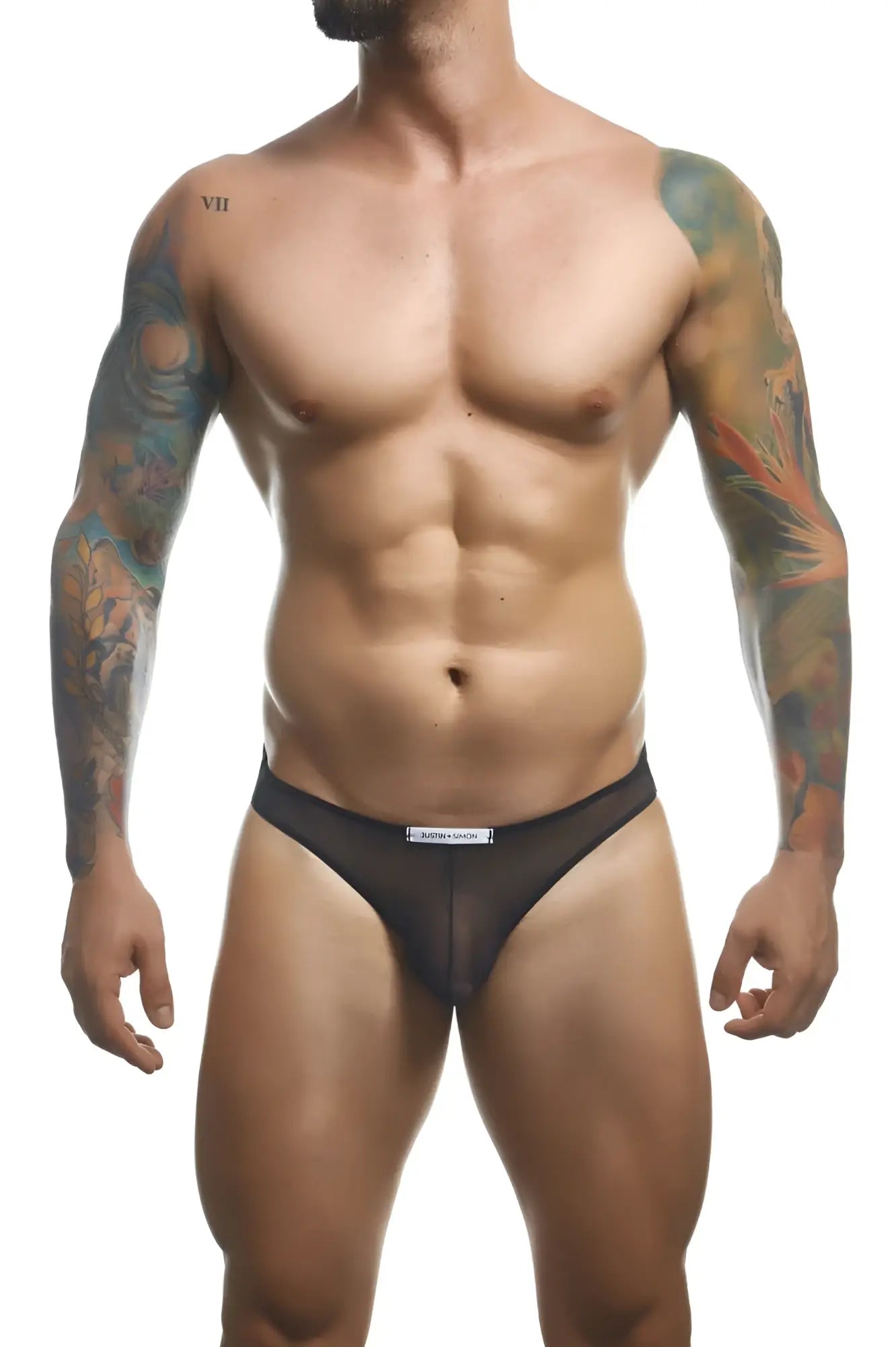 Black mesh classic bikini briefs by Justin Simon with a white label on the waistband in color black mesh