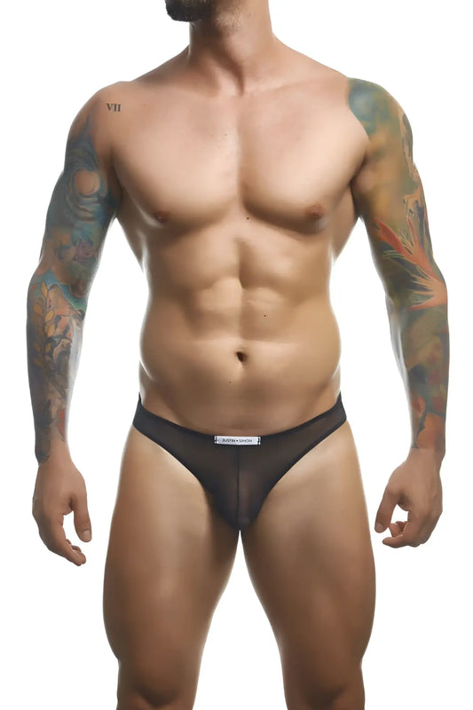 Black mesh classic bikini briefs by Justin Simon with a white label on the waistband in color black mesh