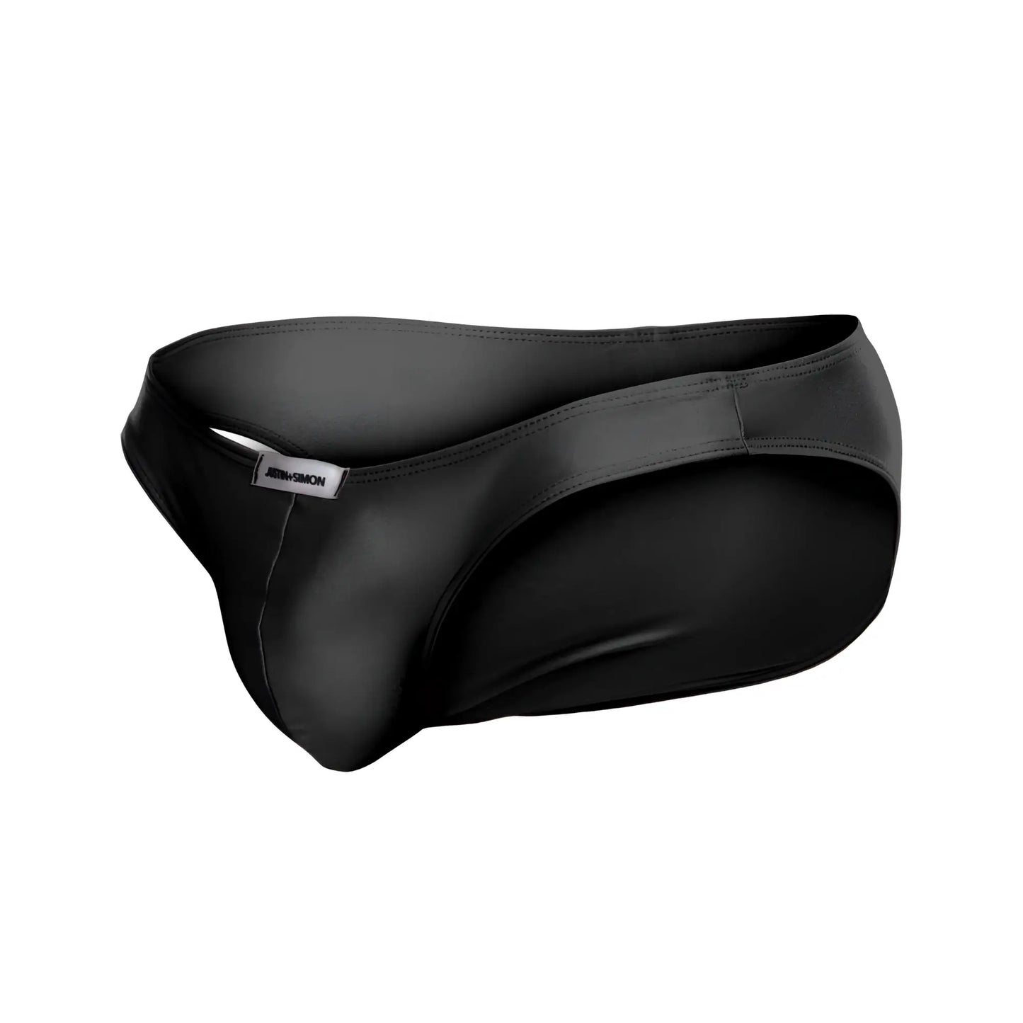 Black sleek form-fitting men’s briefs with smooth glossy finish by justin simon xsj01 classic bikini color black