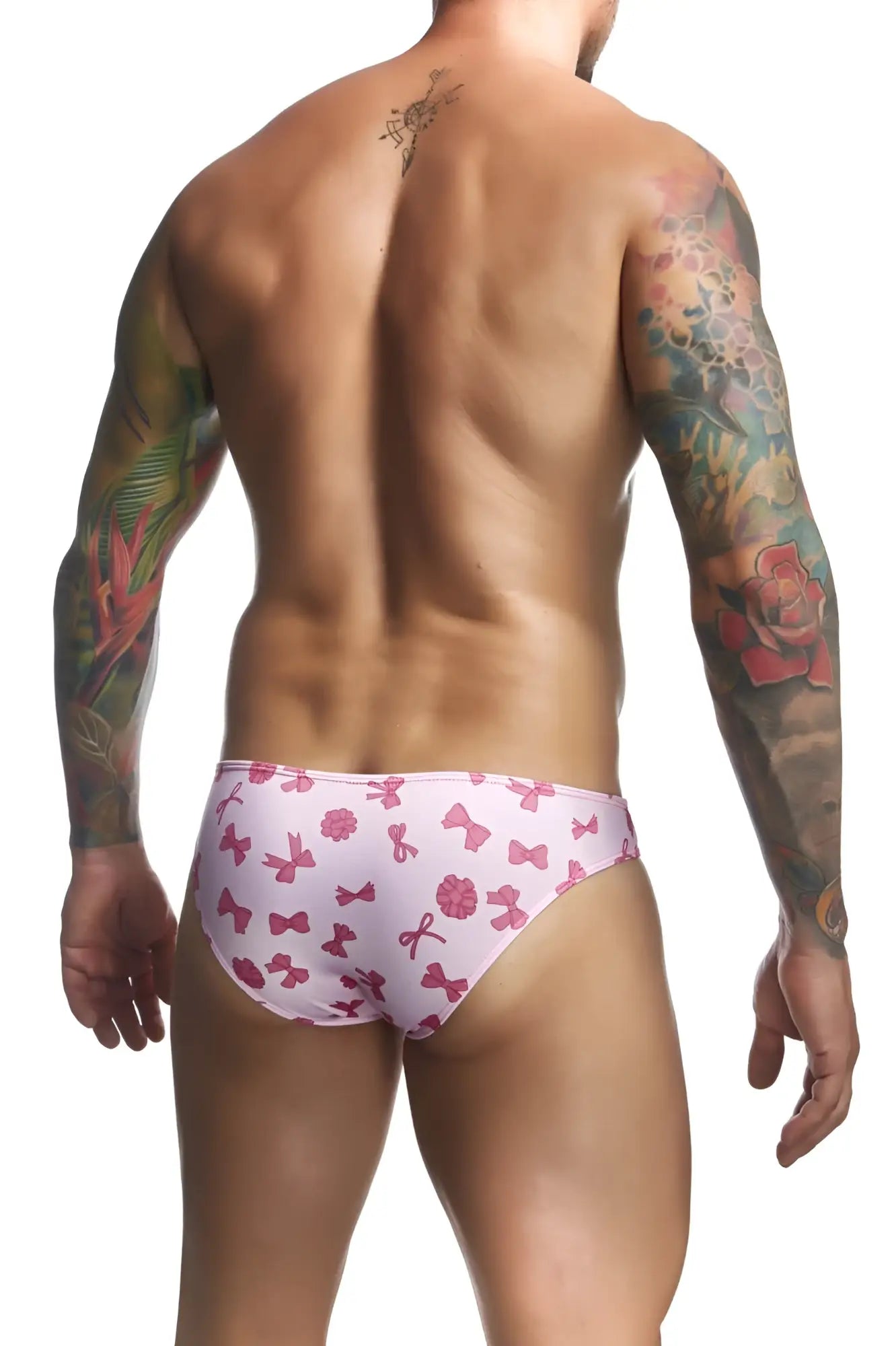 Justin Simon xsj01 classic bikini men’s swim trunks in pink with bow pattern for stylish beachwear use
