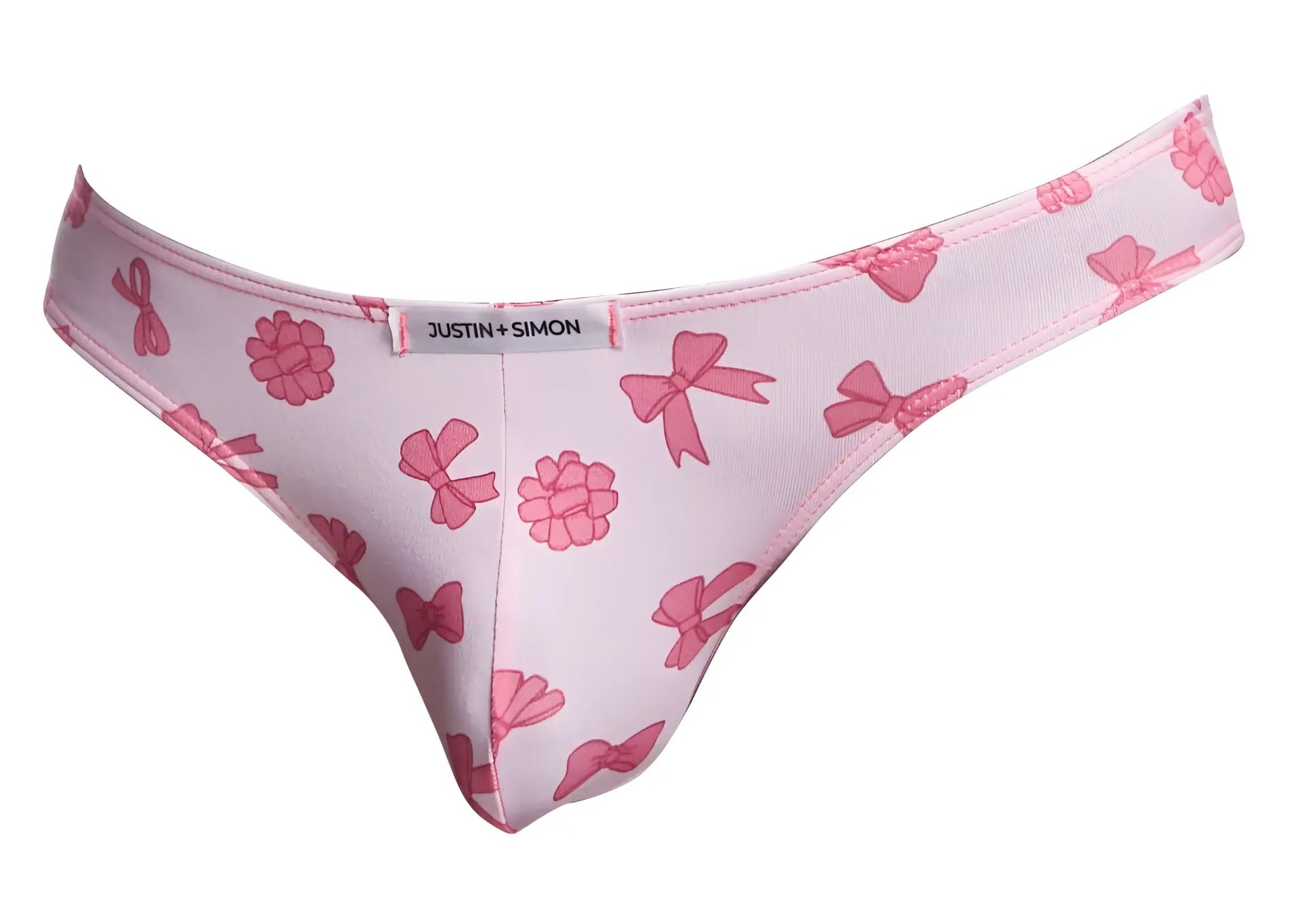 Justin + simon classic bikini color coquette thong with pink bow and raspberry pattern shown from the back side