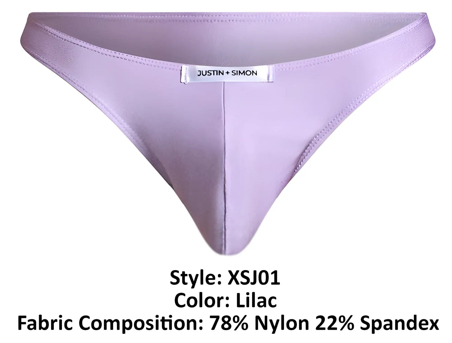 Lilac classic bikini thong by justin and simon made of 78% nylon and 22% spandex with brand label visible