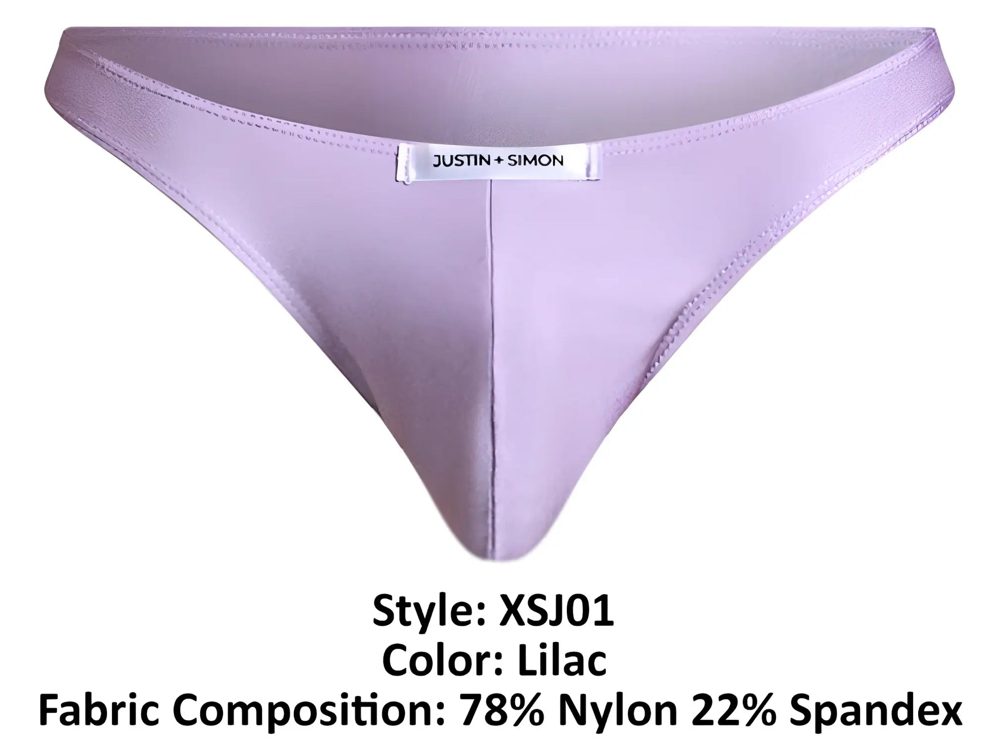 Lilac classic bikini thong by justin and simon made of 78% nylon and 22% spandex with brand label visible