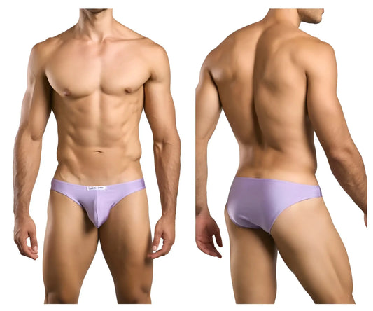 Lavender-colored smooth-textured men’s briefs with a subtle brand tag at the waistband justin simon xsj01 classic bikini